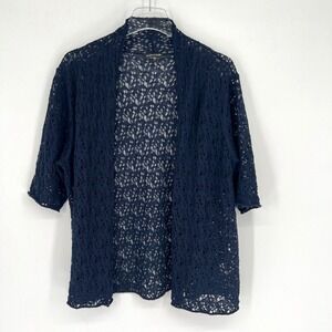 Eileen Fisher Cardigan Womens XL Wool Cropped Open Knit Crochet Coquette Blue